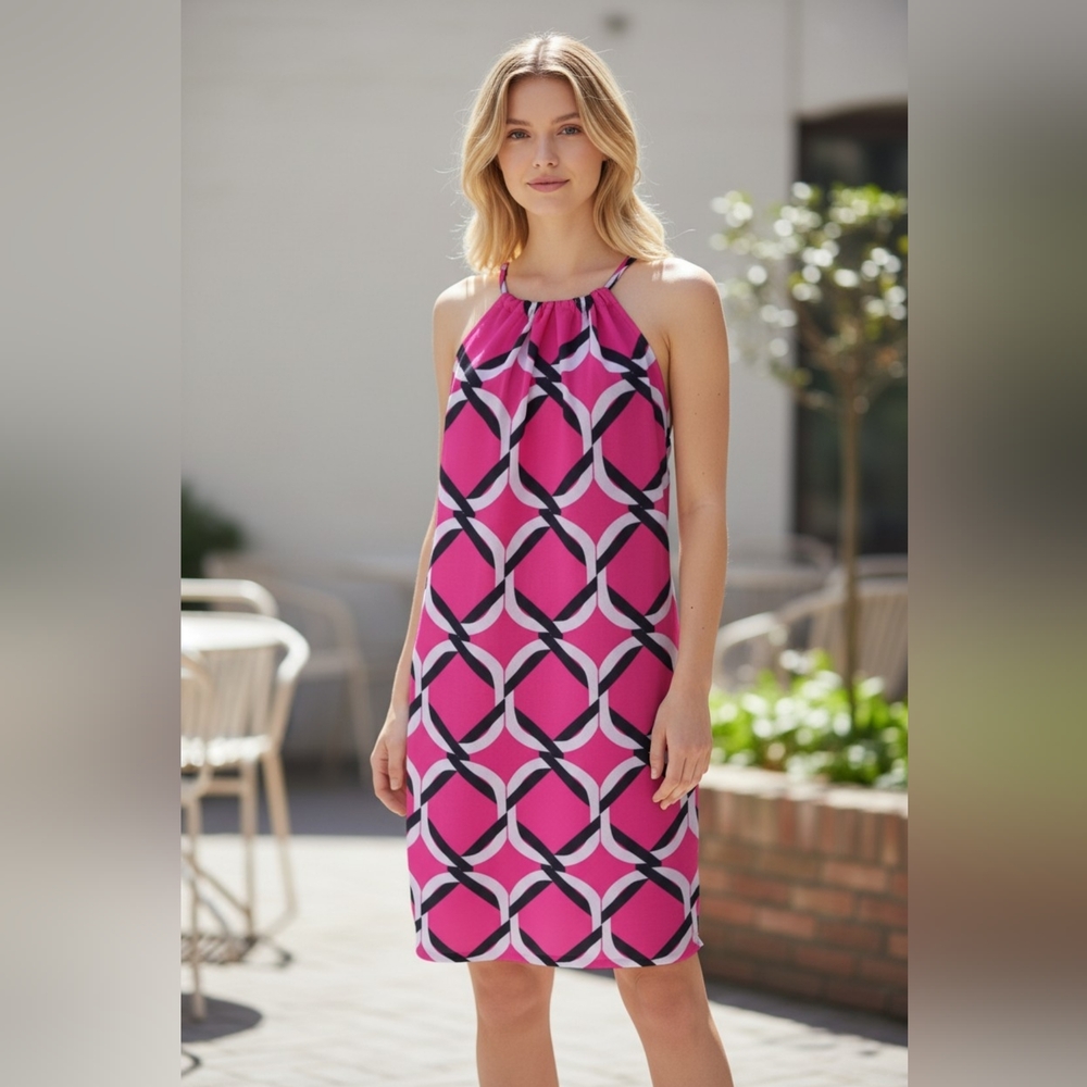 Crown & Ivy Pink and Navy Geometric Shift Dress Size Large